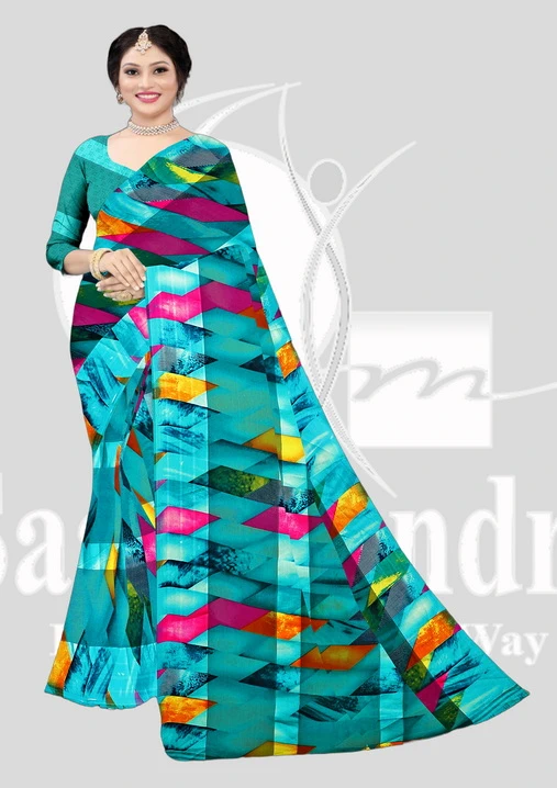 Wetless Printed Lace Saree - Kvya430 - Teal Mix
